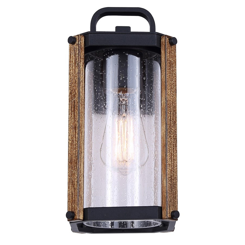 Canarm Aki 12in 1-Light Outdoor Lantern | Rustic Black & Wood Metal with Clear Seeded Glass | Porch & Patio | 7 x 5.6 x 12 in | Model IOL697BKW