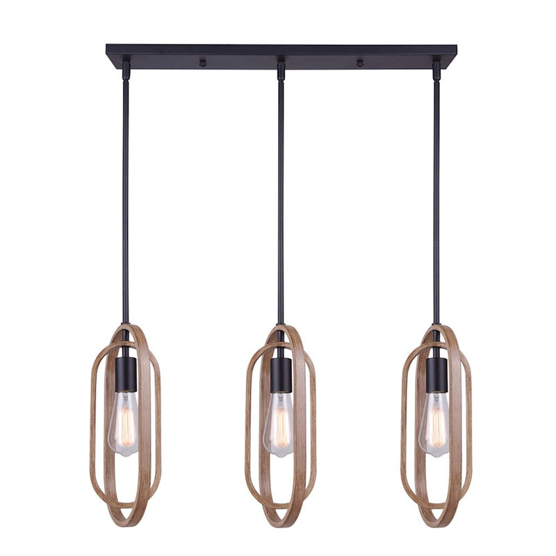 Canarm Dilan 31in 3-Light Pendant | Industrial Matte Black and Brushed Brown Wood | Kitchen Island & Dining Room | Model IPL1078A03BKB