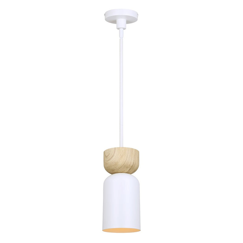 Canarm Caleb 5in 1-Light Pendant | Minimalist Matte White and Faux Wood | Kitchen Island & Dining Room | 4.75 x 4.75 x 17.75 in | Model IPL1152A01WHW