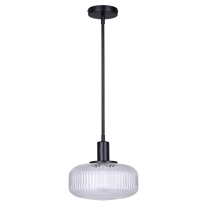 Canarm Ledger 10.5in 1-Light Pendant | Matte Black and Clear Ribbed Glass | Kitchen & Dining Room | 10.5 x 10.5 x 12.63 in | Model IPL2104B01BK