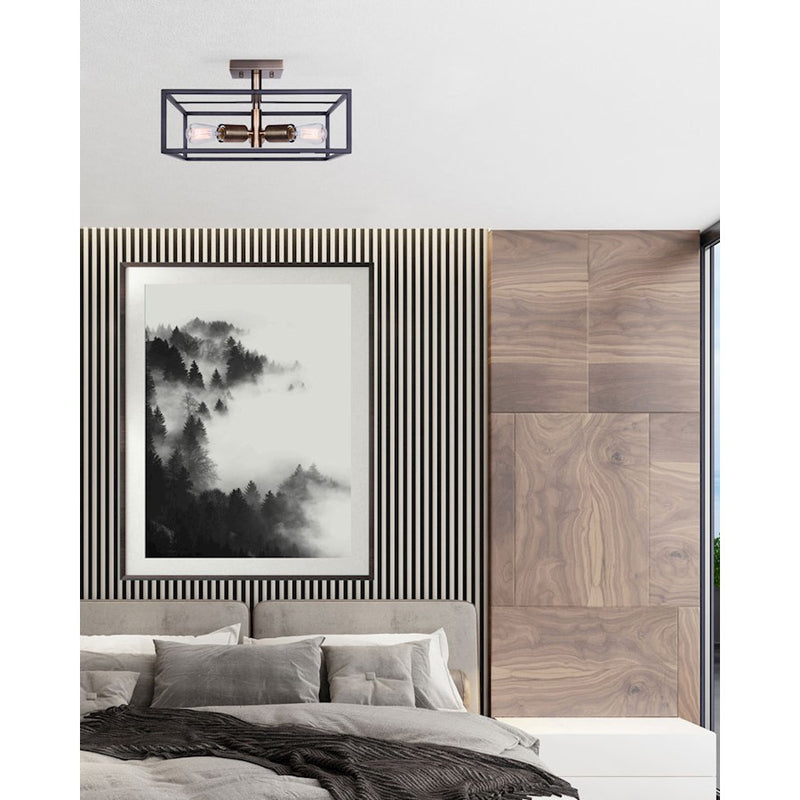 Canarm Bodie 15in 3-Light Semi Flush | Industrial Matte Black and Gold Mesh Details | Entryway & Bedroom | 15 x 15 x 8.5 in | Model ISF1069A03BKG