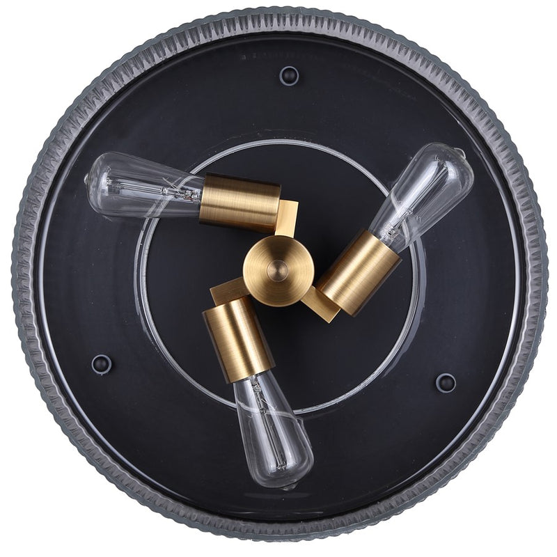 Canarm Jenner 15in 3-Light Semi-Flush Mount | Modern Matte Black and Gold with Clear Ribbed Glass | Hallway & Bedroom | Model ISF1143A03BKG
