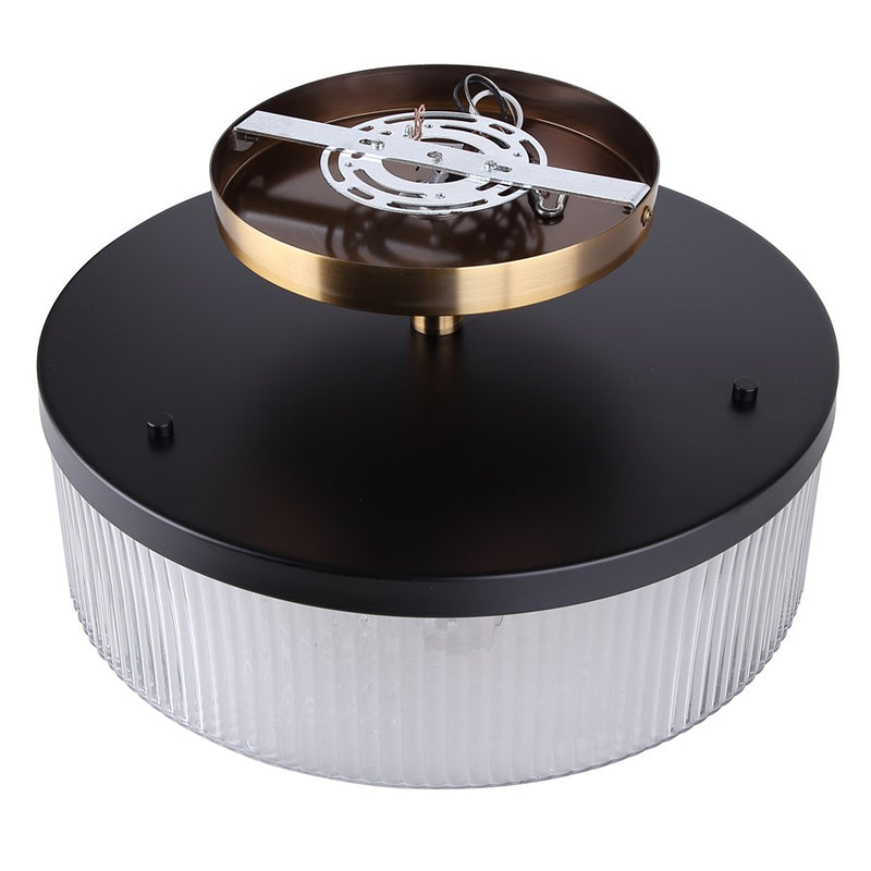 Canarm Jenner 15in 3-Light Semi-Flush Mount | Modern Matte Black and Gold with Clear Ribbed Glass | Hallway & Bedroom | Model ISF1143A03BKG