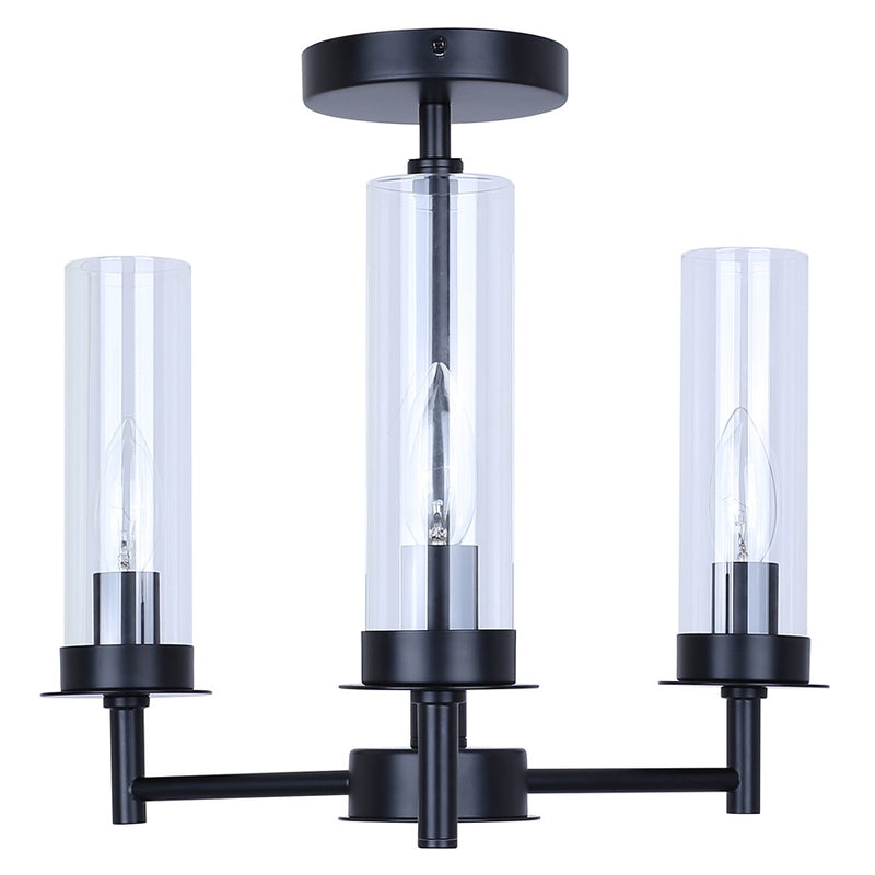 Canarm Benson 16in 3-Light Semi-Flush Mount | Transitional Matte Black with Clear Glass Globes | Kitchen & Bedroom | Model ISF1205A03BK