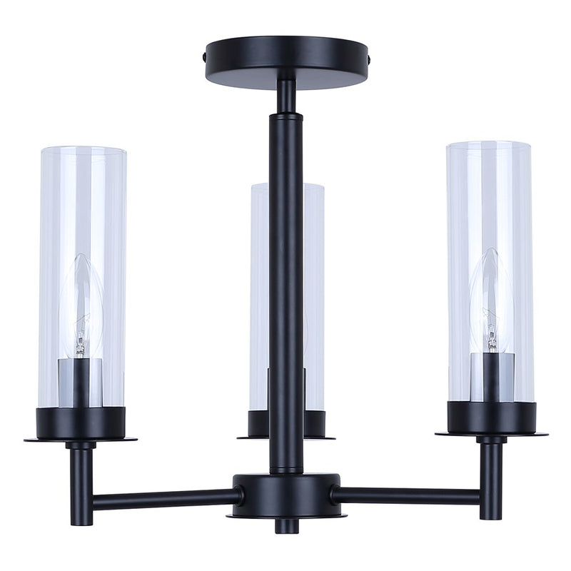 Canarm Benson 16in 3-Light Semi-Flush Mount | Transitional Matte Black with Clear Glass Globes | Kitchen & Bedroom | Model ISF1205A03BK