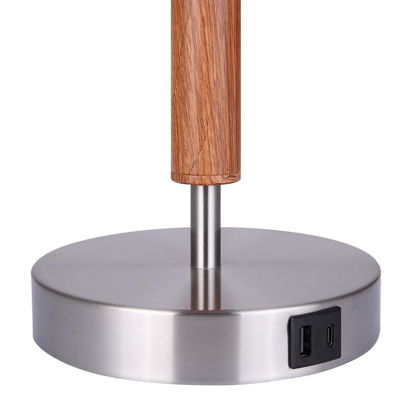 Canarm Maly 25.5in 1-Light Table Lamp | Brushed Nickel and Faux Wood with White Fabric Shade | Bedroom & Office with USB-C | Model ITL2137B26BNW