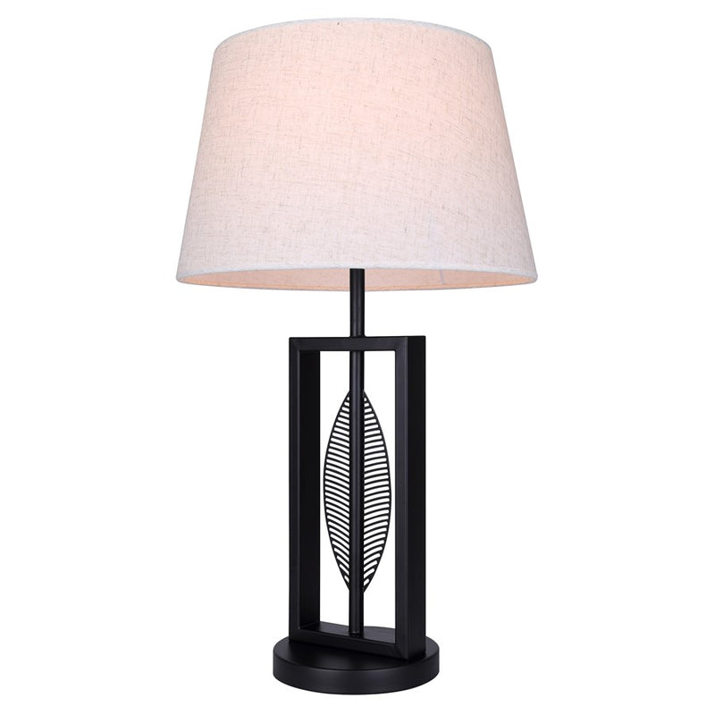 Canarm Willow 26in 1-Light Table Lamp | Modern Matte Black and Leaf Motif Natural Fabric Shade | Living Room & Bedroom | Model ITL2140B26BK