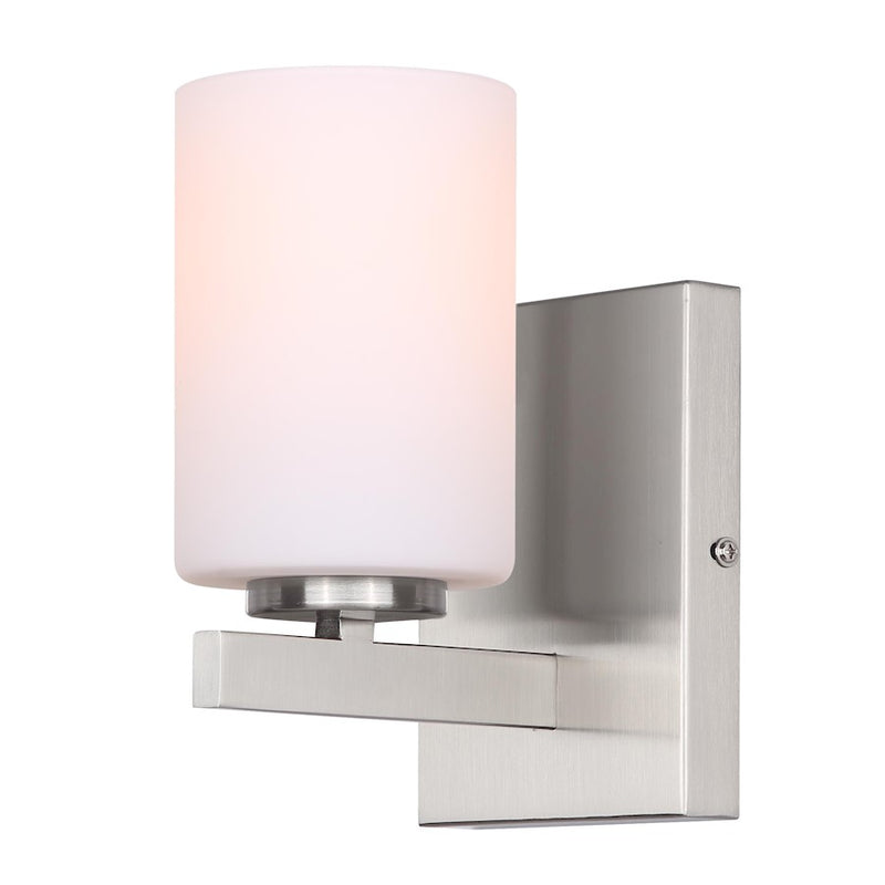 Canarm Jae 8in 1-Light Wall Sconce | Brushed Nickel and Flat Opal Glass | Bathroom & Hallway | 5 x 6 x 8 in | Model IVL1093A01BN