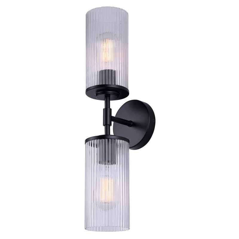 Canarm Kinslea 2-Light 6in Bathroom Vanity Light | Matte Black and Clear Ribbed Glass | Bathroom & Hallway | 20.38in H | Model IVL1165A02BK-CR