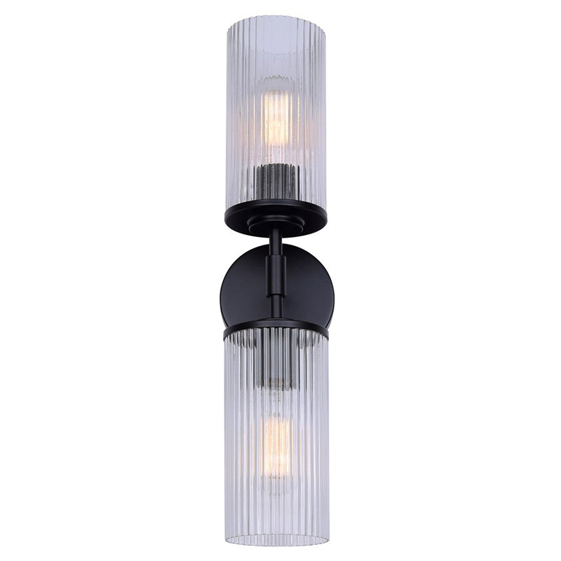 Canarm Kinslea 2-Light 6in Bathroom Vanity Light | Matte Black and Clear Ribbed Glass | Bathroom & Hallway | 20.38in H | Model IVL1165A02BK-CR