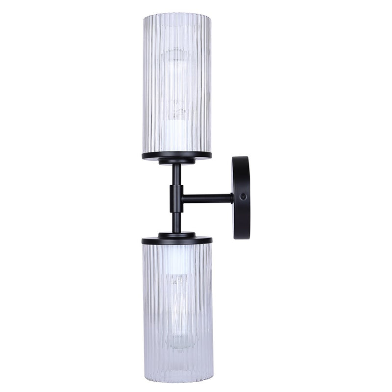 Canarm Kinslea 2-Light 6in Bathroom Vanity Light | Matte Black and Clear Ribbed Glass | Bathroom & Hallway | 20.38in H | Model IVL1165A02BK-CR