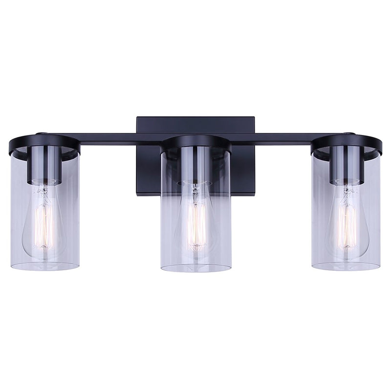 Canarm Britton 21in 3-Light Vanity Light | Industrial Matte Black and Clear Glass | Bathroom & Powder Room | 21 x 6 x 9.625 in | Model IVL1234A03BK