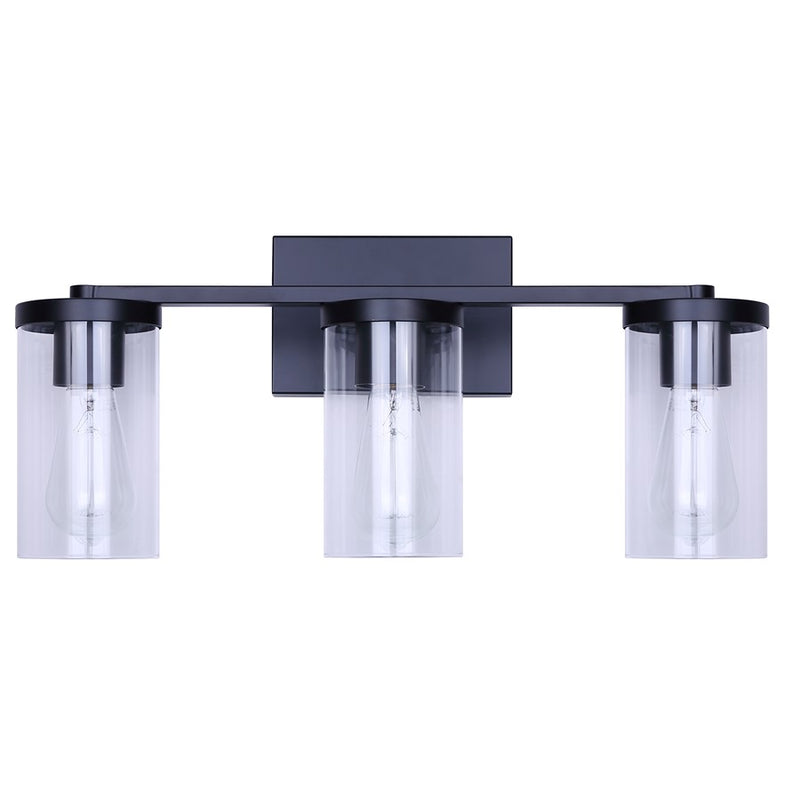 Canarm Britton 21in 3-Light Vanity Light | Industrial Matte Black and Clear Glass | Bathroom & Powder Room | 21 x 6 x 9.625 in | Model IVL1234A03BK