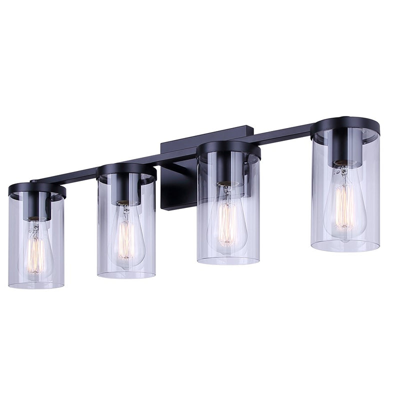 Canarm Britton 28in 4-Light Vanity Light | Industrial Matte Black and Clear Glass | Bathroom & Powder Room | 28 x 6 x 9.625 in | Model IVL1234A04BK