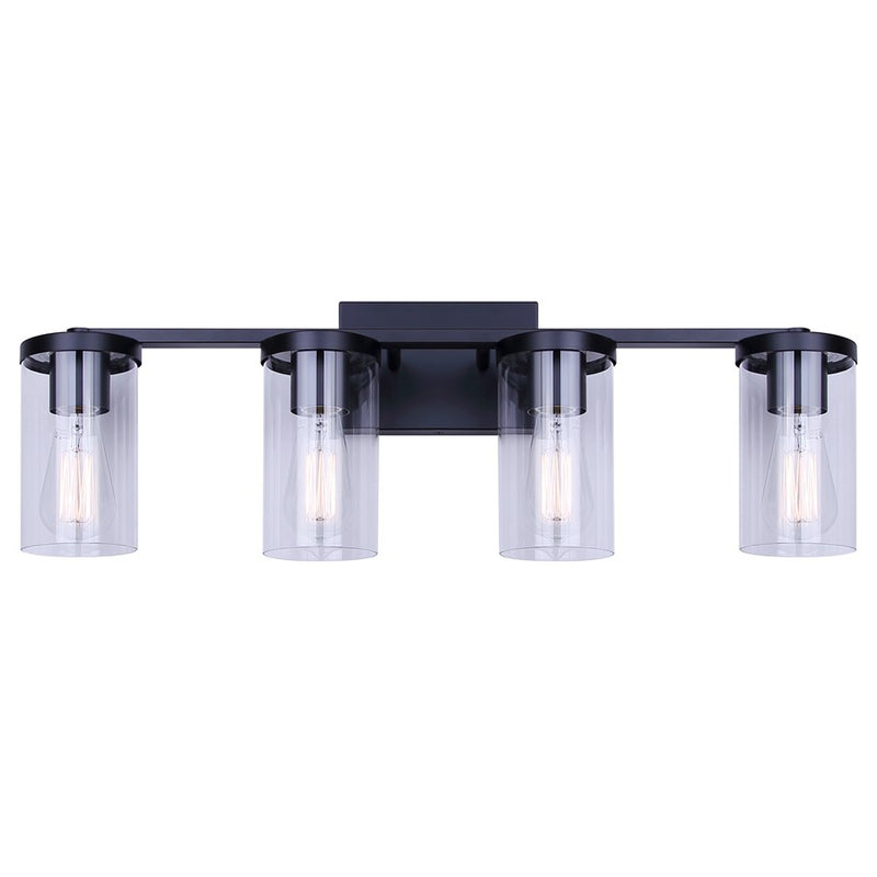 Canarm Britton 28in 4-Light Vanity Light | Industrial Matte Black and Clear Glass | Bathroom & Powder Room | 28 x 6 x 9.625 in | Model IVL1234A04BK