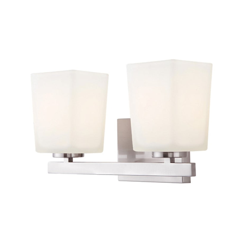 Canarm Hartley 14in 2-Light Vanity | Mid-Century Brushed Nickel and White Opal Glass | Bathroom & Powder Room | 14 x 6 x 8 in | Model IVL472A02BN