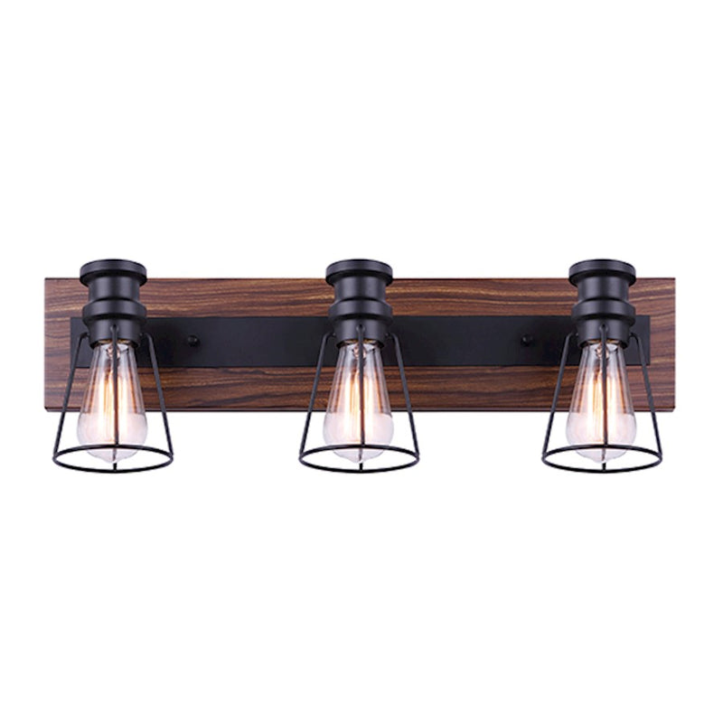 Canarm Blake 24in 3-Light Vanity Light | Industrial Matte Black and Faux Wood | Bathroom & Powder Room | 24 x 6.75 x 8 in | Model IVL752A03BKW