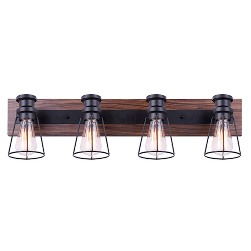 Canarm Blake 32in 4-Light Vanity Light | Industrial Matte Black and Faux Wood | Bathroom & Powder Room | 32 x 6.75 x 8 in | Model IVL752A04BKW