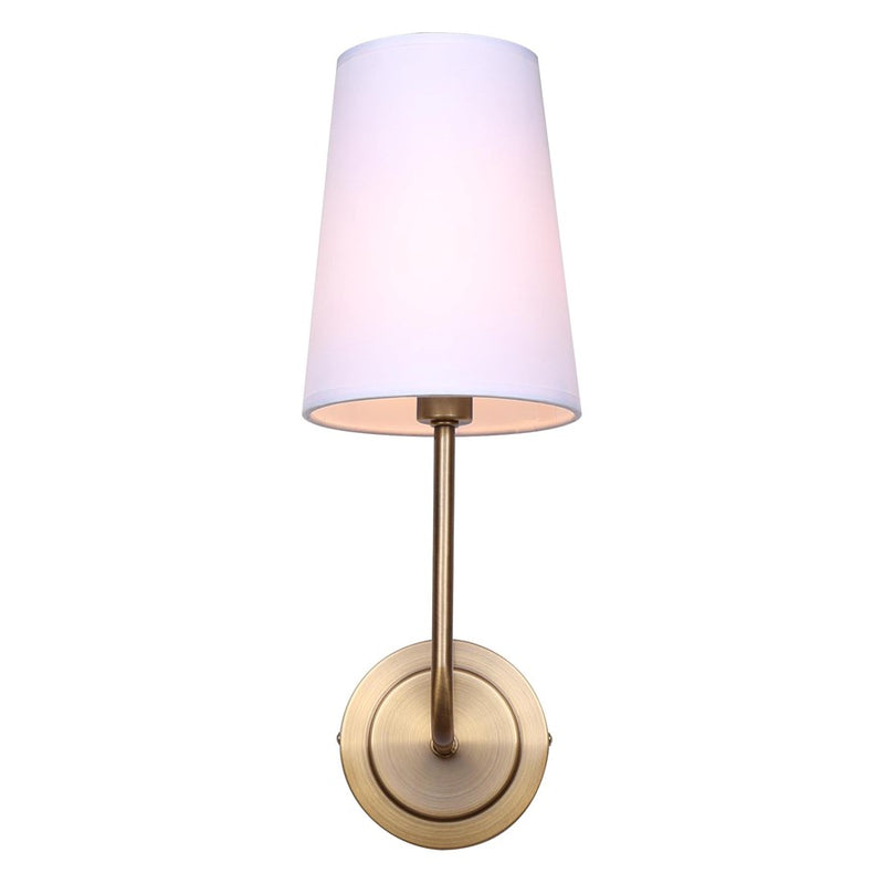 Canarm Amari 1-Light Wall Sconce | Warm Gold and White Fabric Shade | Hallway, Bedroom & Mirror Lighting | 8 x 5 x 17 in | Model IWF2038B01GD