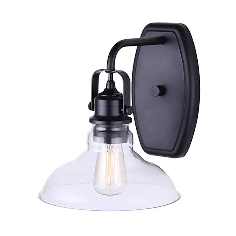 Canarm Farrell 8in 1-Light Wall Sconce | Industrial Matte Black Metal and Clear Glass | Hallway & Living Room Accent Light | Model IWL505B01BK