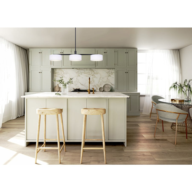 Canarm Carmynn 36in 3-Light LED Pendant | Matte Black and White Ribbed Fabric Shade | Kitchen Island & Dining Room | Model LPL288A03BK