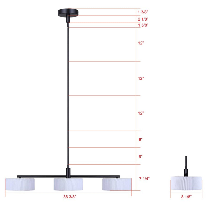 Canarm Carmynn 36in 3-Light LED Pendant | Matte Black and White Ribbed Fabric Shade | Kitchen Island & Dining Room | Model LPL288A03BK