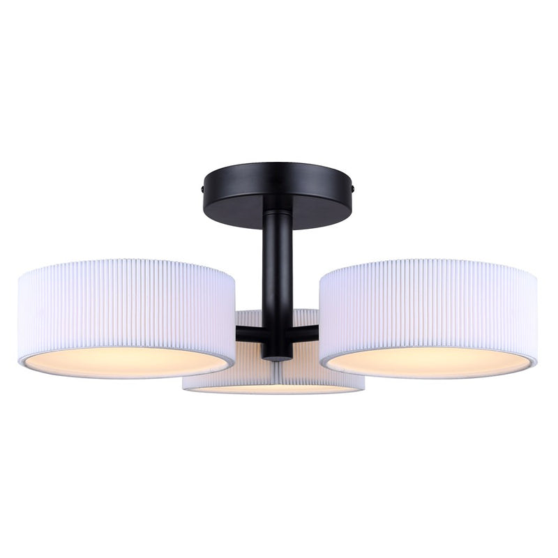 Canarm Carmynn 21in 3-Light Semi Flush Mount | Modern Matte Black and White Ribbed Fabric Shades | Bedroom & Living Room | Model LSF288A03BK