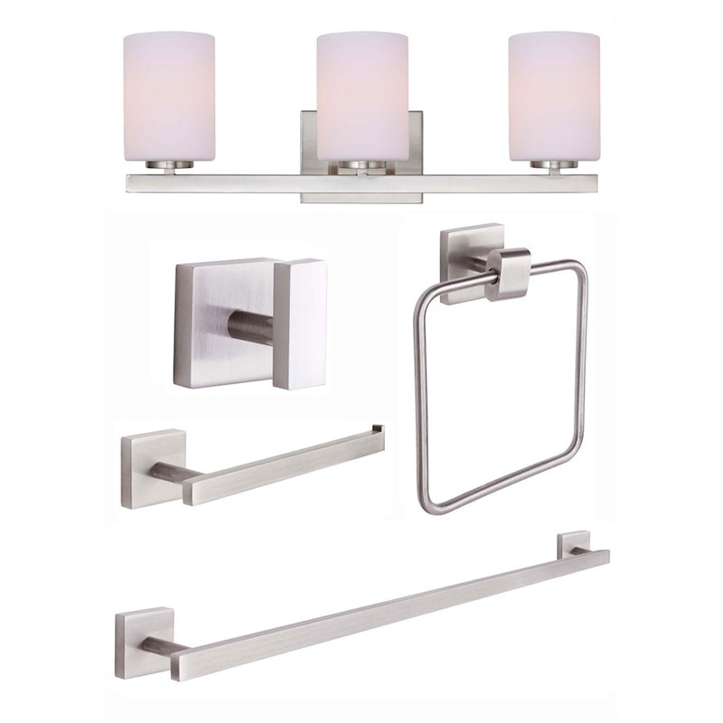 Canarm Jae 3-Light Bath Vanity Combo | Brushed Nickel Metal with Flat Opal Glass | Bathroom & Powder Room | 6.4 x 4.75 in Backplate | Model R5JAE-BN