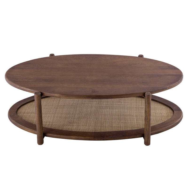 Canarm Garam 47in Walnut Wood and Cane Coffee Table | Mango Wood Oval with Lower Shelf | Living Room & Office | 47 x 23.5 x 16 in | Model SC-106
