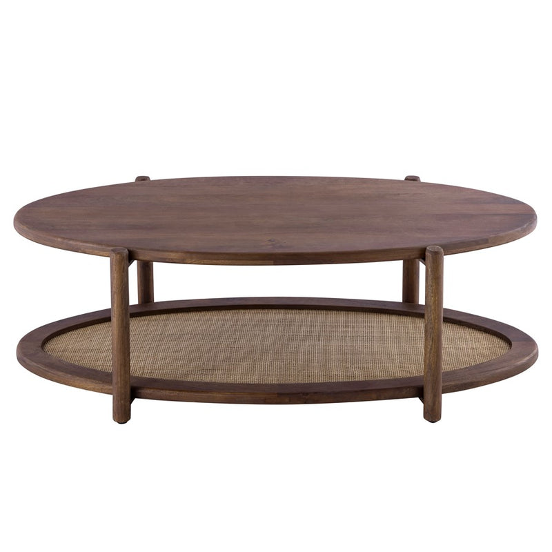Canarm Garam 47in Walnut Wood and Cane Coffee Table | Mango Wood Oval with Lower Shelf | Living Room & Office | 47 x 23.5 x 16 in | Model SC-106