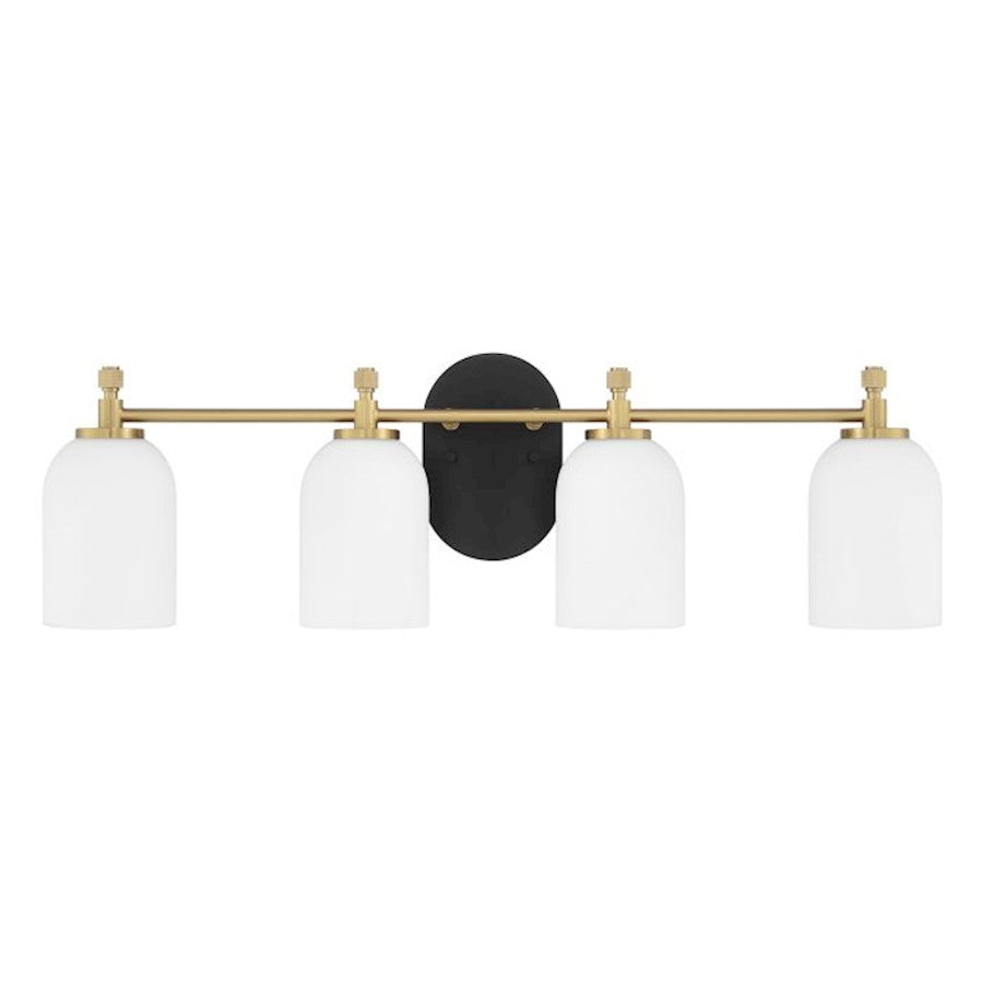 Craftmade Council 4 Light Vanity, Black/Brass/White Frosted - 60304-FBSB