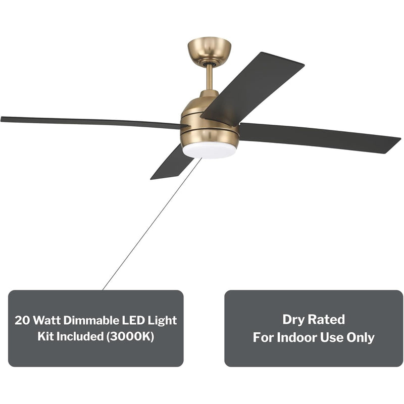 Craftmade Kelsey 52" 4-Blade Ceiling Fan, Brass/Black/Light Kit