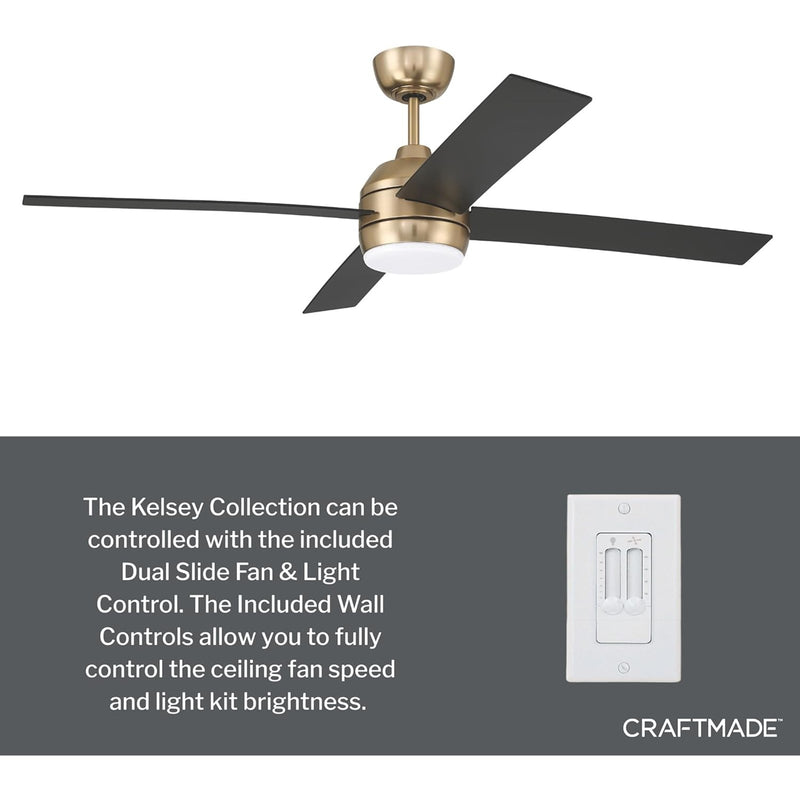 Craftmade Kelsey 52" 4-Blade Ceiling Fan, Brass/Black/Light Kit