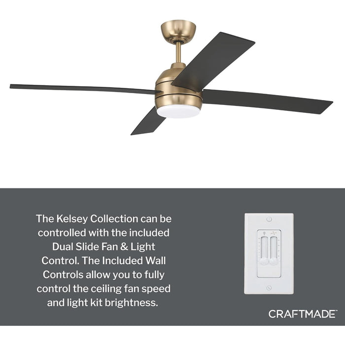 Craftmade Kelsey 52" 4-Blade Ceiling Fan, Brass/Black/Light Kit