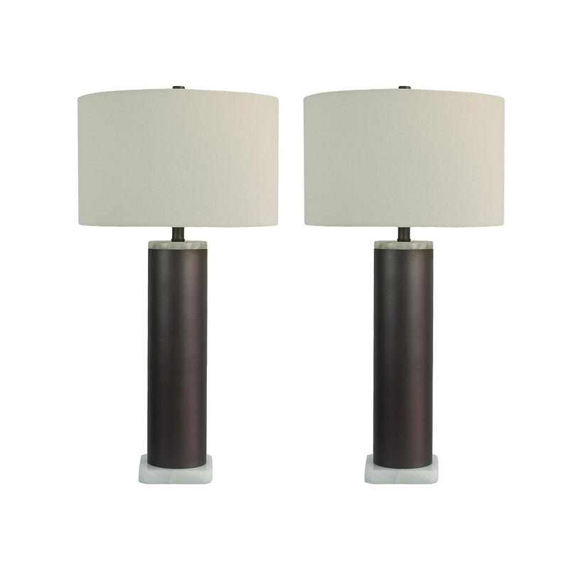 Classy Living Slate Stone 16in Table Lamp Set of 2 | Modern Grey Slate and Jade Stone with Natural Linen | Bedroom & Living Room | Model BLL1087F