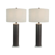 Classy Living Slate Stone 16in Table Lamp Set of 2 | Modern Grey Slate and Jade Stone with Natural Linen | Bedroom & Living Room | Model BLL1087F