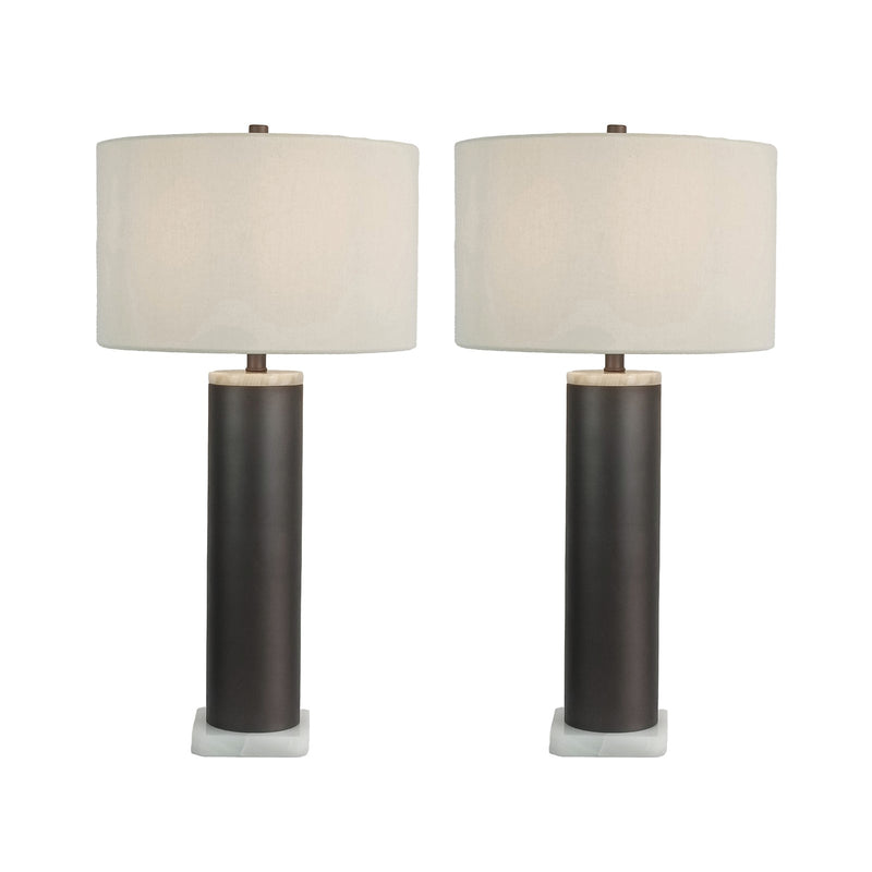 Classy Living Slate Stone 16in Table Lamp Set of 2 | Modern Grey Slate and Jade Stone with Natural Linen | Bedroom & Living Room | Model BLL1087F