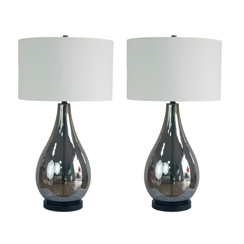 Classy Living Smoke Pearl Essence 18in Table Lamp Set of 2 | Modern Smoke Pearl and White Linen | Bedroom & Living Room | Model BLL1138C
