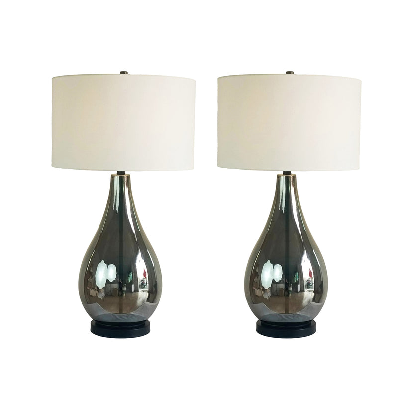 Classy Living Smoke Pearl Essence 18in Table Lamp Set of 2 | Modern Smoke Pearl and White Linen | Bedroom & Living Room | Model BLL1138C