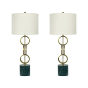 Classy Living Marble Harmony 32in Table Lamp Set of 2 | Modern Green Marble and Matte Gold Bronze | Bedroom Nightstand & Living Room | Model BLL3354
