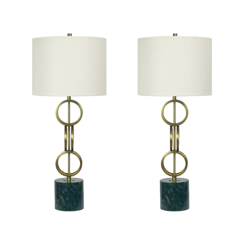 Classy Living Marble Harmony 32in Table Lamp Set of 2 | Modern Green Marble and Matte Gold Bronze | Bedroom Nightstand & Living Room | Model BLL3354