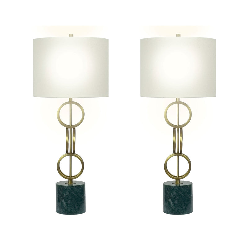 Classy Living Marble Harmony 32in Table Lamp Set of 2 | Modern Green Marble and Matte Gold Bronze | Bedroom Nightstand & Living Room | Model BLL3354