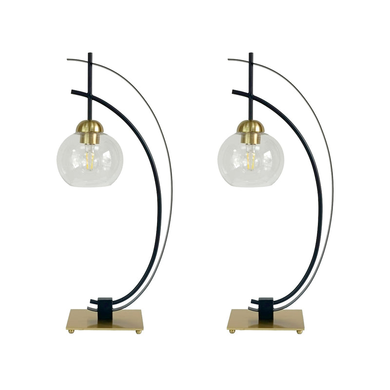 Classy Living Eclipse Aura 28in Table Lamp Set of 2 | Modern Matte Black and Gold Metal with Clear Glass Globe | Bedroom Nightstand | Model BLL3356