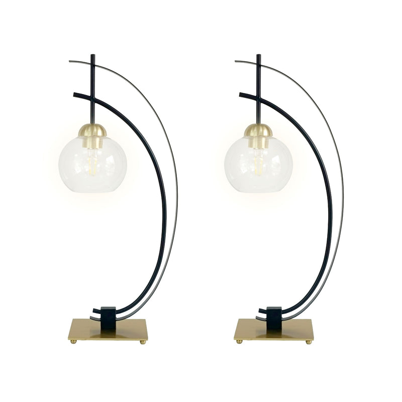 Classy Living Eclipse Aura 28in Table Lamp Set of 2 | Modern Matte Black and Gold Metal with Clear Glass Globe | Bedroom Nightstand | Model BLL3356