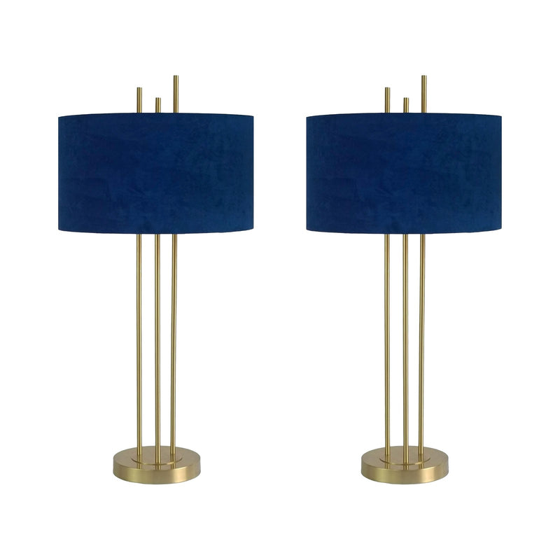 Classy Living Velvet Radiance 33in Table Lamp Set of 2 | Modern Plated Gold Metal with Blue Velvet Shade | Bedroom Nightstand | Model BLL3360