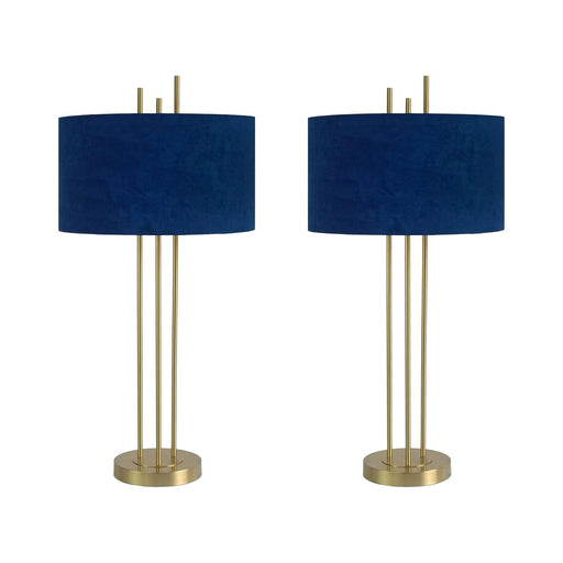 Classy Living Velvet Radiance 33in Table Lamp Set of 2 | Modern Plated Gold Metal with Blue Velvet Shade | Bedroom Nightstand | Model BLL3360