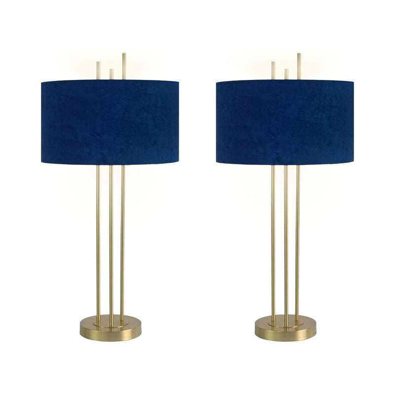 Classy Living Velvet Radiance 33in Table Lamp Set of 2 | Modern Plated Gold Metal with Blue Velvet Shade | Bedroom Nightstand | Model BLL3360