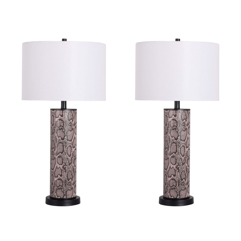 Classy Living Serpent Elegance 15in Table Lamp Set of 2 | Contemporary Matte Black and Snake Skin Faux Leather | Bedroom Nightstand | Model BRL3368