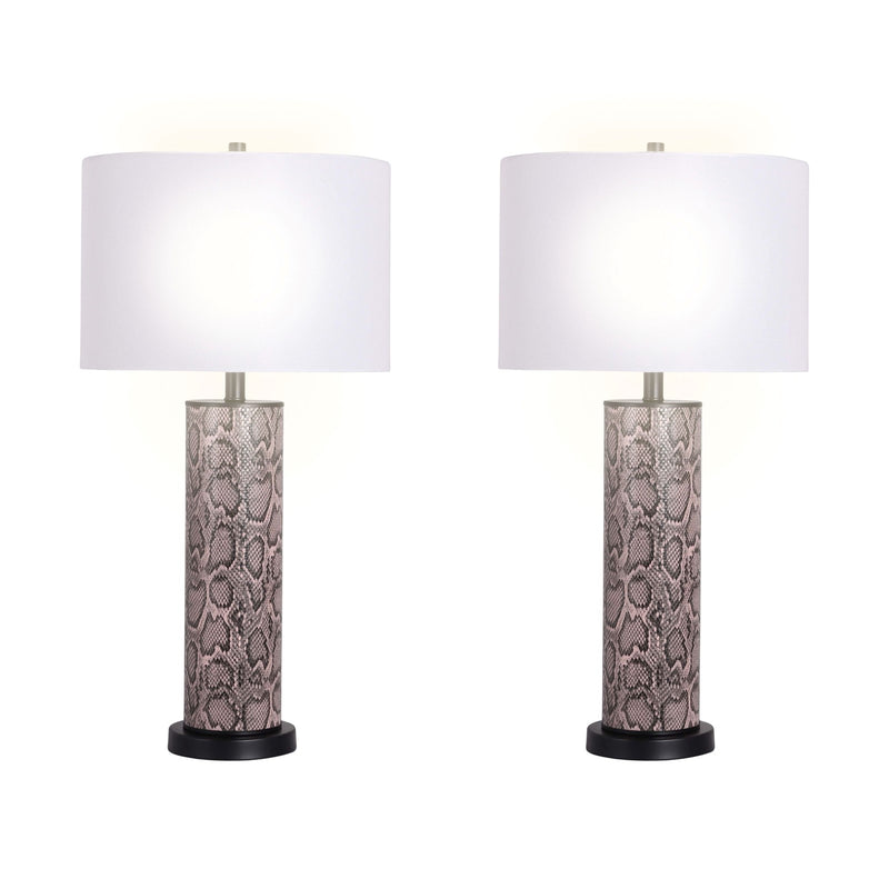 Classy Living Serpent Elegance 15in Table Lamp Set of 2 | Contemporary Matte Black and Snake Skin Faux Leather | Bedroom Nightstand | Model BRL3368