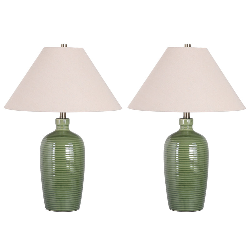 Classy Living Verdant Elegance 18in Table Lamp Set of 2 | Modern Sage Green Ceramic and Natural Linen | Bedroom Nightstand & Console | Model BRL3370